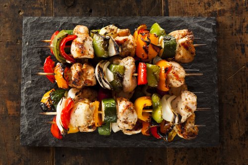 Grilled chicken kabab with peppers, onions and courgettes
